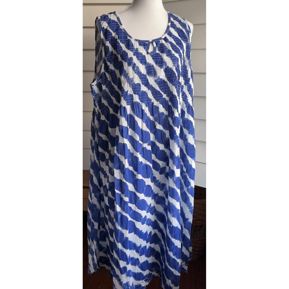 Soft Surroundings 2X Tie Dye Blue White Crinkle Midi Tank Dress Smocked Boho